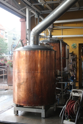 These are the copper mash and lauter tuns, which were still dripping with condensation from a brew that happened recently.